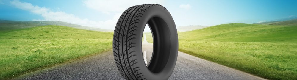 Schwarzes Reifenobjekt auf einer Straße, umgeben von grünen Wiesen und blauem Himmel.